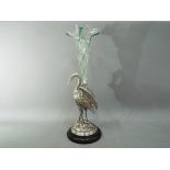 Large metal and glass epergne horn vase in the shape of a heron, measuring approximately 39 cm tall.