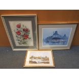 A small collection of pictures to include a watercolour depicting a riverside landscape,