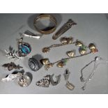 Silver - a mixed lot of Silver and white metal jewellery to include bangle, brooches,