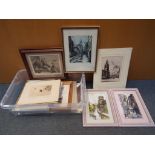 A box containing a quantity of pictures including etchings, limited edition prints,