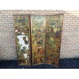 A Victorian mahogany and decoupage three fold room screen approximately 185 cm (h),