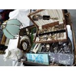 A mixed lot to include of plated and stainless steel flatware, an Aynsley ceramic table lamp,