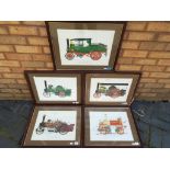 Five steam engine related prints, mounted and framed under glass,