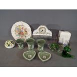 A mixed lot to include Wedgwood Jasperware, paperweights, Aynsley ceramic clock case and similar.