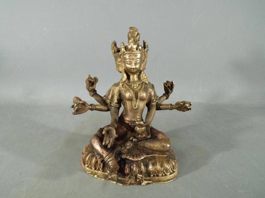 Buddha - A 19th century, Chinese Tibetan, gilt bronze depicting Usnisavijaya in seated pose, - Image 4 of 7