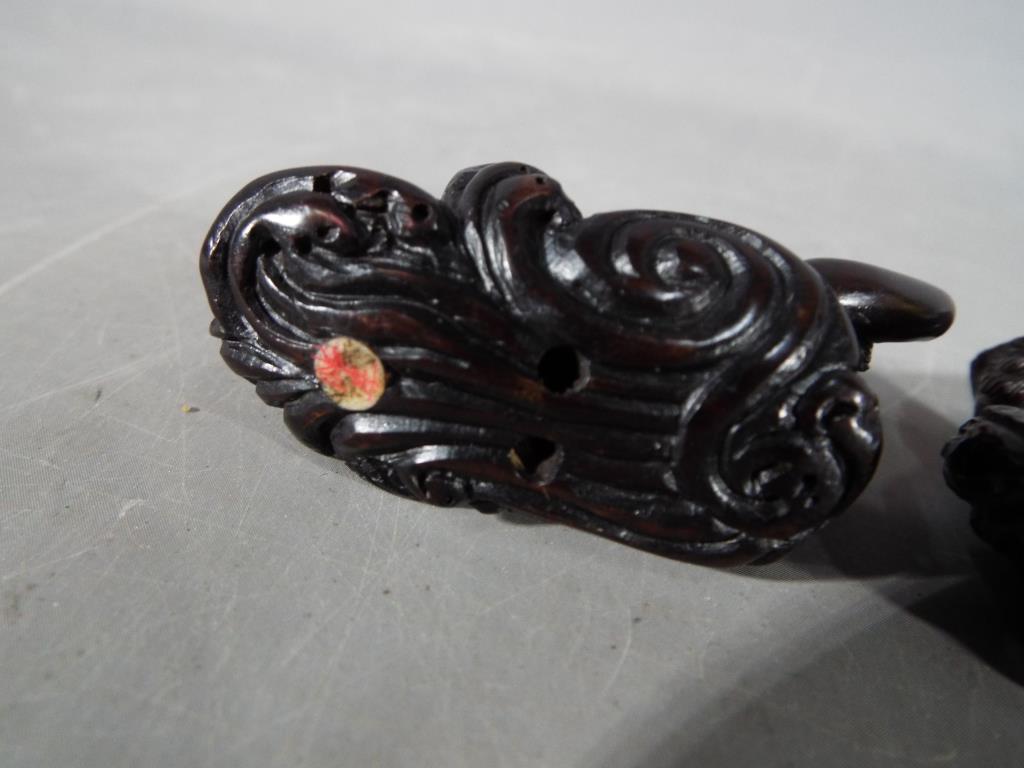 A vintage Japanese dark wood Netsuke depicting an Owl seated on a thick branch or log, - Image 5 of 7