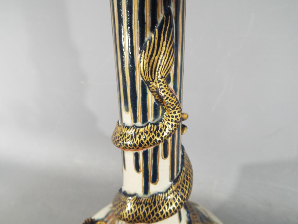 An unusual Meiji period Satsuma bottle vase by Kintozan with applied dragon coiled around the neck - Image 4 of 11