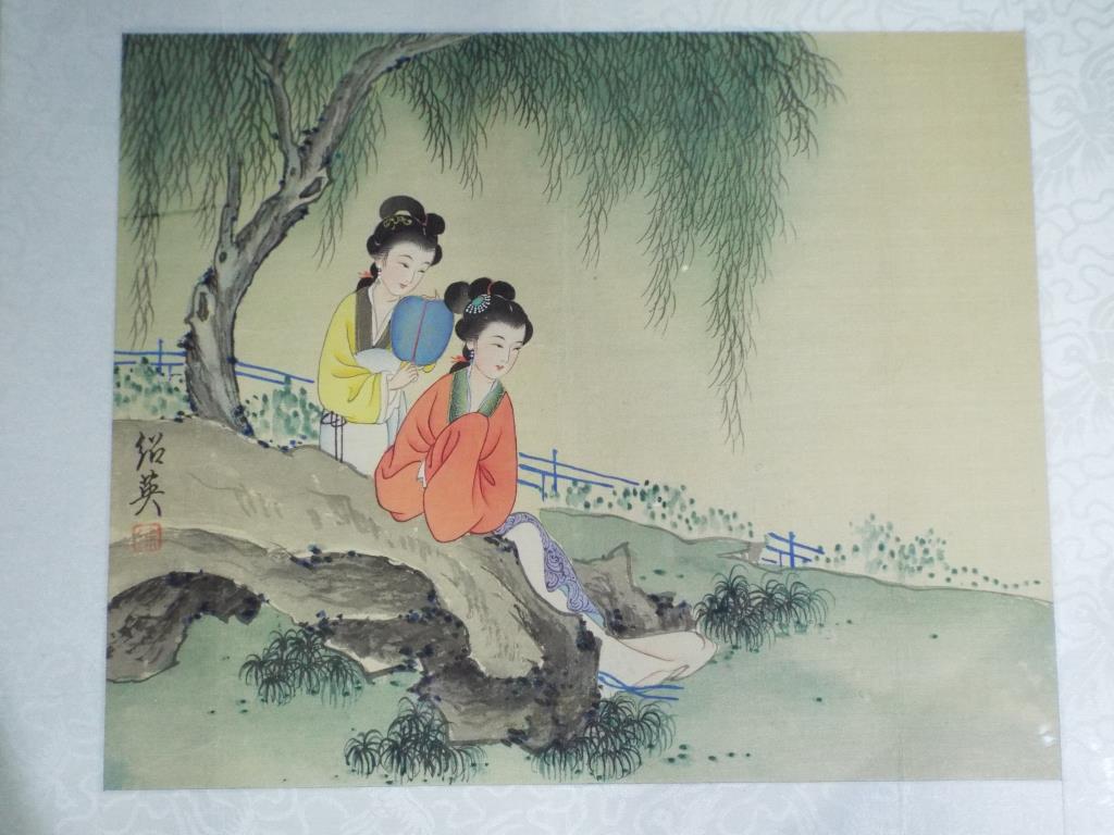 An ink and watercolour painting depicting two ladies in a landscape setting, signed to the left. - Image 3 of 6