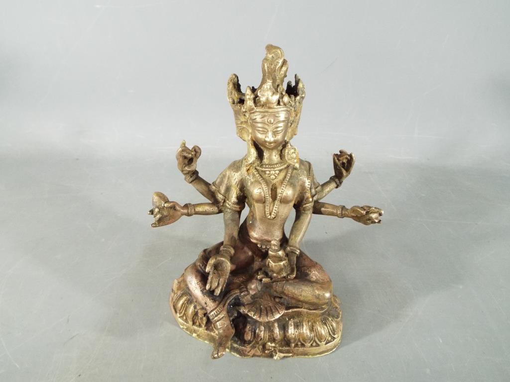 Buddha - A 19th century, Chinese Tibetan, gilt bronze depicting Usnisavijaya in seated pose, - Image 7 of 7