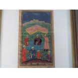 A mounted and framed Safavid Persian style painting depicting an enthroned ruler,