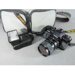 Vivitar v335 camera with Hanimex 325AZ flash unit and manual in soft case