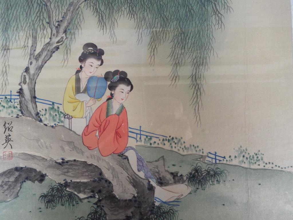 An ink and watercolour painting depicting two ladies in a landscape setting, signed to the left. - Image 5 of 6