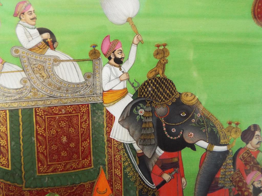 A framed painting depicting Maharana Bophal Singh riding in procession on an elephant, - Image 4 of 5