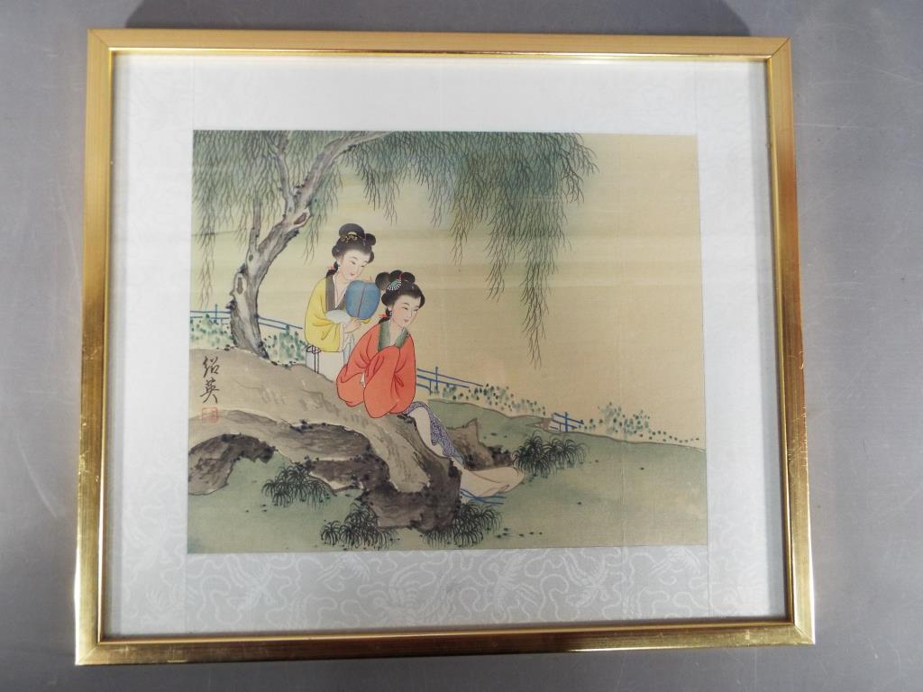 An ink and watercolour painting depicting two ladies in a landscape setting, signed to the left. - Image 4 of 6