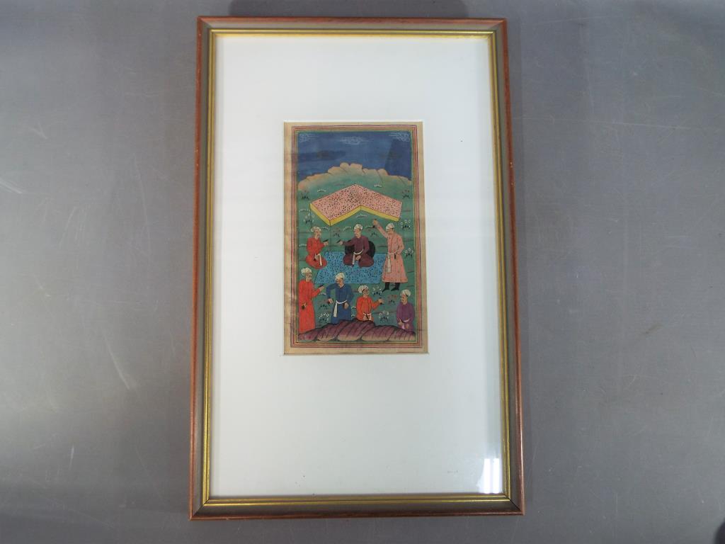 A mounted and framed Safavid Persian style painting depicting an enthroned ruler, - Image 2 of 2