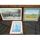 Three framed sporting related prints to include a limited edition cycling print by Jeremy Mallard