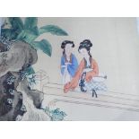 An ink and watercolour painting depicting two ladies and foliate decoration, signed to the left.