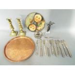 A mixed lot to include a copper tray, Elkington & Co silver plated chamber stick,