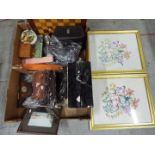 A mixed lot to include framed embroidered flower pictures, a clock, sewing accessories, handbags,