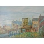 A watercolour depicting a view of St Thomas The Martyr parish church Upholland,