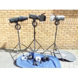 Photographic equipment - Three HYLOW XZ-300A photographic strobe/flash units with metal tripod