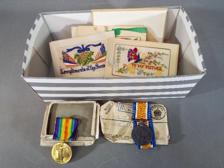 Military - a collection of WW1 (world war one) silk remembrance cards with a WW1 victory medal and