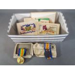 Military - a collection of WW1 (world war one) silk remembrance cards with a WW1 victory medal and