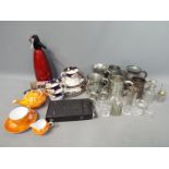 A mixed lot to include ceramics, pewter tankards, glass cruets,
