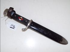 A World War Two (WW2) German HJ Hitler Youth knife in black steel sheath,
