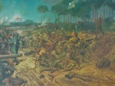 Four colour prints - one depicting the capture of a German Battery by C Company 2nd Bn,