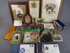 A collection of military related items to include photographs, framed silk postcard,