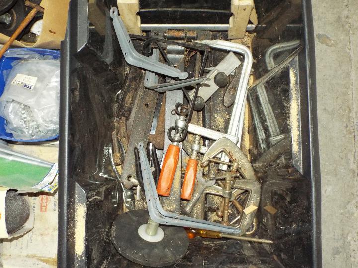 A large tub containing a quantity of clamps, hinges, a boxed corner cramp, tools, steel wool, - Image 2 of 3