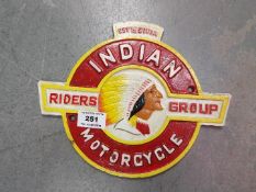 A cast iron Indian Motorcycle sign, approximately 20 cm x 24.