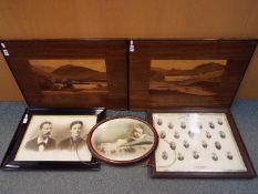 Various pictures to include two marquetry landscape panels, varying image sizes.