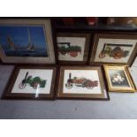 A collection of framed prints and an oil on canvas floral still life, varying image sizes.
