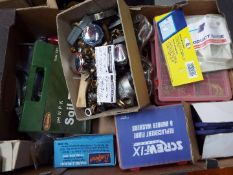 Various mixed hand tools, repair kits, soil test kit, assorted washers, spares and similar.