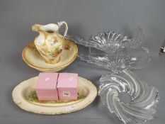 Three decorative glass centerpieces, a wash jug and bowl, two boxed Flower Fairies and similar.