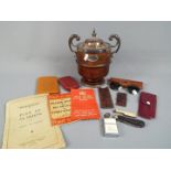 A mixed lot of collectables to include wooden ice bucket with plated mounts and twin handles,