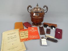 A mixed lot of collectables to include wooden ice bucket with plated mounts and twin handles,