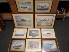 Ten framed aviation related prints, varying image sizes.