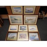 Ten framed aviation related prints, varying image sizes.