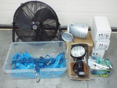 A large Honeywell 51cm diameter floor fan; 2 outdoor spotlights;