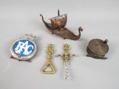 A brass 'Imp' bottle opener and a corkscrew, vintage fishing reel,