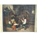 A framed oil on canvas depicting a group of young children cooking and feeding a dog,