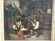 A framed oil on canvas depicting a group of young children cooking and feeding a dog,