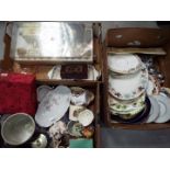 A mixed lot to include ceramics, glassware, flatware, vintage toy telephone set, shells and similar.