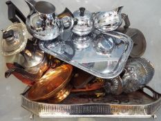 A box of metalware comprising, brass, plated ware, pewter and some treen.