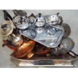 A box of metalware comprising, brass, plated ware, pewter and some treen.