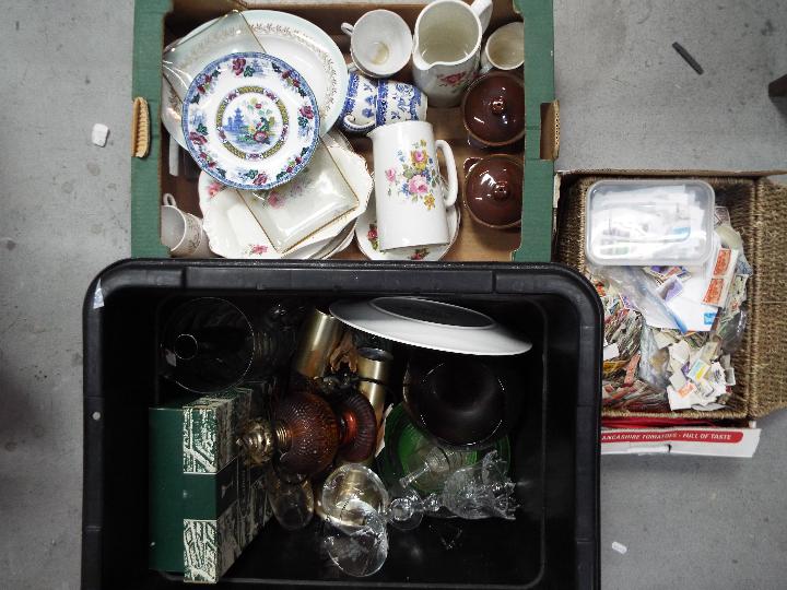 A mixed lot to include ceramics, glassware and a quantity of assorted stamps.