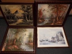 Three framed oils and a limited edition print, varying image sizes.